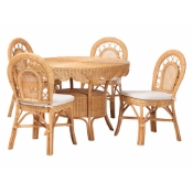 bali & pari Travis 5-Piece Natural Rattan Dining Set - Handwoven Wicker Set with Round Scalloped Edge Table and  4 Curved Back Chairs, Coastal Boho Dining Room Furniture with Cushioned Seating